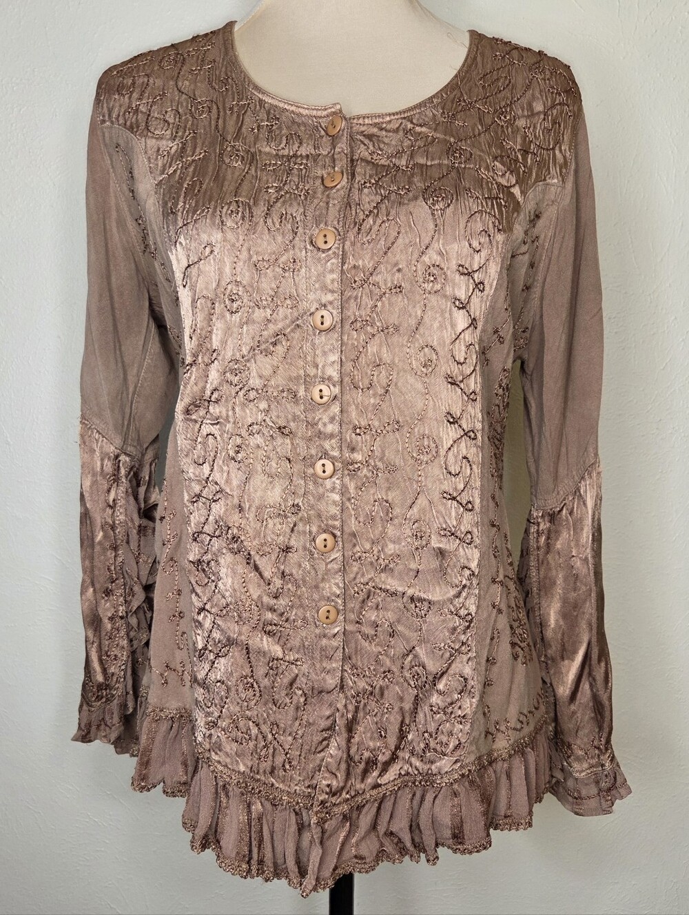 Just Cruising Embroidered Boho Fairycore Bell Sleeve Rayon Top Earth Tone
